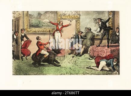 Un homme anglais ivre prend un ours dans un salon. D'autres clients sautent sur les meubles pour s'échapper. Tally ho ! Tally ho ! Un nouveau chasseur, d'abord, Tally ho! Télécopie Chromolithographique d'une illustration de Henry Thomas Alken de Memoirs of the Life of the late John Mytton de Nimrod aka Charles James Apperley, Kegan Paul, Londres, 1900. Banque D'Images