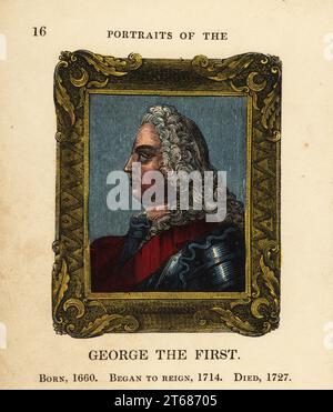 Portrait du roi George le premier, George I d'Angleterre, né en 1660, a commencé le règne 1714 et est mort en 1727. Dans la perruque, costume d'armure, poitrine avec ceinture, dans le cadre orné. Gravure faite à la main par Cosmo Armstrong de Portraits et personnages des rois d'Angleterre, de William le Conquérant à George le troisième, John Harris, Londres, 1830. Banque D'Images