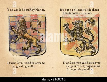 Armoiries imaginaires du Premier Chapitre du Roi Arthurs Chevaliers de la Table ronde : Sir Ywain, fils du Roi Urien au lion d'or, Brunor le Noir au lion. Chevaliers de la table ronde : YRIAM le fils au Roy Nurier., BRUNOIR le noir dit le chevalier a la cotte maltaille. Gravure sur bois colorée à la main de Hierosme de Baras le Blason des Armoiries, chez Rolet Boutonne, Paris, 1628. Banque D'Images