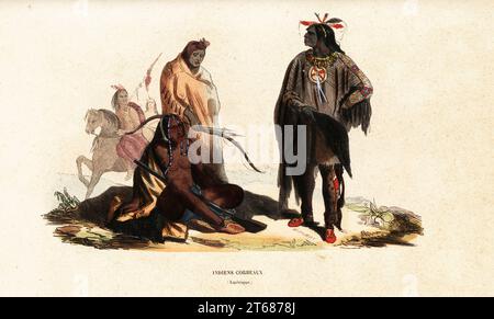 Crow à fort Clarke. Guerrier (peut-être le chef Eripuass, Rotten Belly) avec des plumes dans ses cheveux portant un cuir de corne, une femme avec le cape de peau d'animal tenant l'arc et les flèches, et un homme de médecine assis ou le chaman. Deux braves à cheval derrière elles. Indiens Corbeaux (Amérique). Adapté d'une peinture de Karl Bodmer dans voyages à l'intérieur de l'Amérique du Nord, par le Prince Maximilian de Wied, 1839. Bois de couleur main coupé par L. Markaert d'après une illustration de Karl Bodmer de Auguste Wahlen's Moeurs, Usage et costumes de tous les Peuples du monde, (manières, coutumes et costumes de tous les peopl Banque D'Images