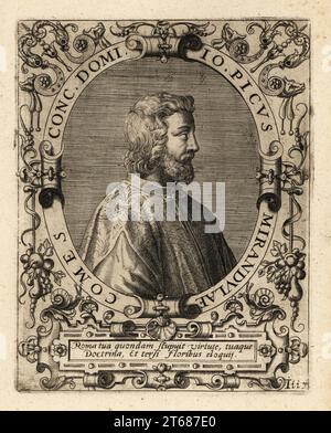 Giovanni Pico della Mirandola, noble et philosophe de la Renaissance italienne, 1463-1494. JO. Picus Mirandulae, vient Conc. Domi. Gravure sur cuivre de Johann Theodore de Bry de Jean-Jacques Boissards Bibliotheca Chalcographica, Johann Ammonius, Francfort, 1650. Banque D'Images