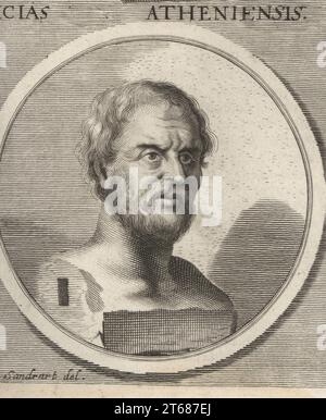 Nicias, peintre grec ancien d'Athènes, connu pour son habileté en chiaroscuro, 4e siècle av. J.-C.. Portraits peints d'Alexandre, Io, Persée et Andromède, Odysseus questionnant les morts dans les Enfers. Nicias Atheniensis. Gravure sur cuivre de Philipp Kilian d'après une illustration de Joachim von Sandrart de son LAcademia Todesca, della Architectura, Scultura & Pittura, oder Teutsche Academie, der Edlen Bau- Bild- und Mahlerey-Kunste, Académie allemande d'architecture, de sculpture et de peinture, Jacob von Sandrart, Nuremberg, 1675. Banque D'Images