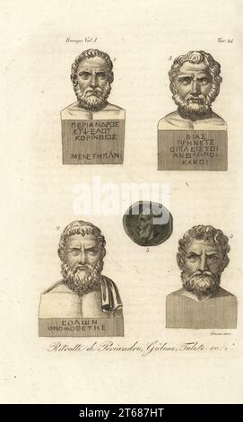 Portraits du souverain corinthien Périandre 1, de l'homme d'État athénien Solon 2, de la bias de Priène 3, du mathématicien grec Thales de Milet 4, et de Pittacus de Mytilène 5. etc Ritratti di Periandro, Solone, Biante, Talete, Pittaco. Gravure sur cuivre coloriée à la main par Giovanni Antonio Sasso de Giulio Ferrarios costumes ancien et moderne des peuples du monde, il Costume Antico e Moderno, Florence, 1842. Banque D'Images