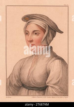 Portrait d'une femme inconnue, cour du roi Henri VIII, c. 1532. Gravure à la main en copperplate de James Minasi après un portrait de Hans Holbein le plus jeune à partir des imitations des dessins originaux de Hans Holbein, John Chamberlaine, Londres, 1812. Banque D'Images