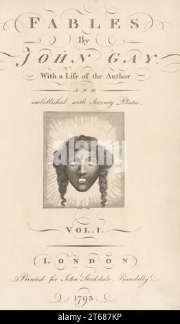 Page de titre calligraphique au volume 1 avec vignette de masque dramatique. Gravure sur plaque de coperplate de Brown de Fables par John gay, avec a Life of the Author, John Stockdale, Londres, 1793. Banque D'Images