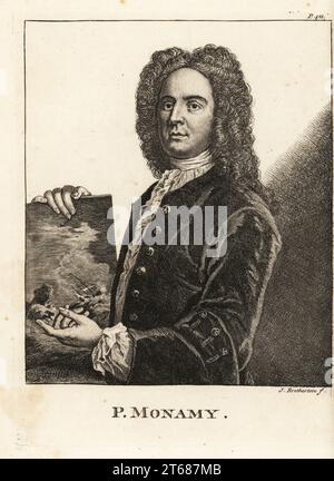 Portrait de Peter Monamy, peintre marin anglais tenant une scène maritime, 1681-1749. Gravure sur cuivre de James Bretherton d'après un portrait de Thomas Stubley datant de 1730, tiré de Horace Walpoles anecdotes of Painting in England, Londres, 1765. Banque D'Images