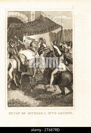 Le roi Richard Ier le cœur de Lion d'Angleterre en armure de maille et couronne, avec l'épée tirée, entre à Londres sous une canopée tenue par quatre chevaliers en fanfare, 1189. Entrée du roi Richard Ier à Londres. Gravure sur cuivre de M. A. Jones Histoire de l'Angleterre de Jules César à George IV, G. Virtue, 26 Ivy Lane, Londres, 1836. Banque D'Images