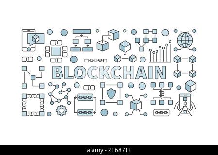 Bannière de technologie créative faite avec des icônes de chaîne de blocs et mot BLOCKCHAIN à l'intérieur sur fond blanc Illustration de Vecteur
