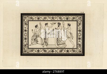 Ancien sacrifice romain à Bacchus. Un prêtre prépare une libation sur l'autel. Gravure sur cuivre de Thomas Kirk (1765-1797) de Sir William Hamiltons esquisse des figures et compositions sur les vases grecs, romains et étrusques du regretté Sir Hamilton, T. MLean, Londres, 1834. Banque D'Images