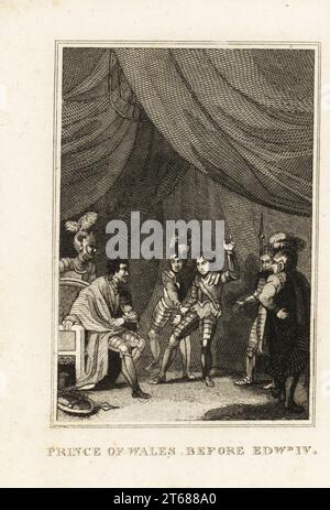 Édouard de Westminster a été amené devant le roi Édouard IV après la bataille de Tewkesbury en 1471. Le prince de 17 ans a été tué peu de temps après par le roi et ses frères. Prince de Galles avant le roi Édouard IV Gravure sur cuivre de M. A. Jones Histoire de l'Angleterre de Jules César à George IV, G. Virtue, 26 Ivy Lane, Londres, 1836. Banque D'Images