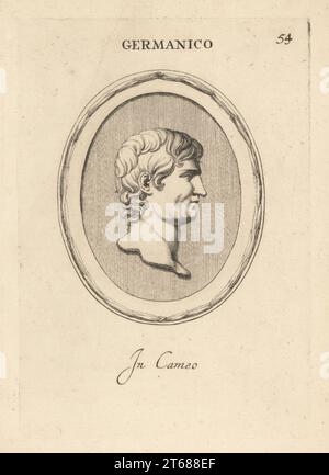 Buste de Germanicus Jules César, général et homme politique romain populaire, 15 BC 19 AD. Connu pour ses campagnes en Germanie. Germanico. En camée. Gravure sur cuivre de Giovanni Battista Galestruzzi d'après Leonardo Agostini de gemmae et Sculpturae Antiquae Depicti ab Leonardo Augustino Senesi, Abraham Blooteling, Amsterdam, 1685. Banque D'Images