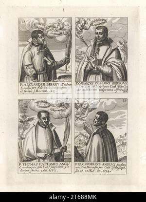 Portraits de martyrs jésuites, de catholiques anglais et écossais tués au 16e siècle. Montré recevant les couronnes de martyr des anges, trois avec le nœud coulant du bourreau. Alexander Briant 1581, Dominic Collins 1602, Thomas Cattamus 1582, John Cornelius 1594. Gravure sur cuivre de Samuel Woodburns Gallery of rare Portraits consistant en plaques originales, George Jones, 102 St Martins Lane, Londres, 1816. Banque D'Images