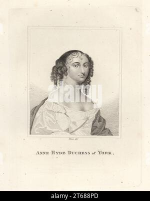 Anne Hyde, duchesse d'York et d'Albany, 1637-1671. Première épouse de Jacques, duc d'York, qui devint plus tard le roi Jacques II et VII d'Angleterre et d'Écosse. Avec cheveux en boucles, collier de perles, robe basse. D'après un dessin d'après Sir Peter Lely, gravé par Rivers. Gravure sur cuivre de Samuel Woodburns Gallery of rare Portraits consistant en plaques originales, George Jones, 102 St Martins Lane, Londres, 1816. Banque D'Images