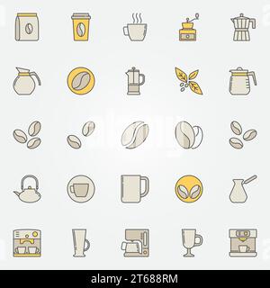 Collection d'icônes colorées de café. Ensemble vectoriel de symboles créatifs de tasse, machine à café et grains Illustration de Vecteur