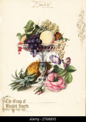 Bouquet d'ananas, raisins, pêche, rose, gloire du matin et vase en verre. Le Groupe des Sweets blended. Lithographie de couleur main avec calligraphie d'or par Paul Jerrard de ses propres gemmes pour la salle de dessin, Paul Jerrard, 111 Fleet Street, Londres, 1852. Jerrard était un lithographe victorien et un colorer d'impression actif à Londres. Banque D'Images