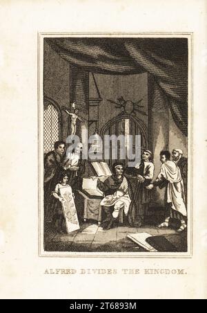 King Alfred tne Great, avec des livres et des cartes, divisant l'Angleterre en Danelaw sous contrôle viking et Wessex et Northumbrie sous contrôle anglo-saxon, 886. Alfred divise le royaume. Gravure sur cuivre de M. A. Jones Histoire de l'Angleterre de Jules César à George IV, G. Virtue, 26 Ivy Lane, Londres, 1836. Banque D'Images