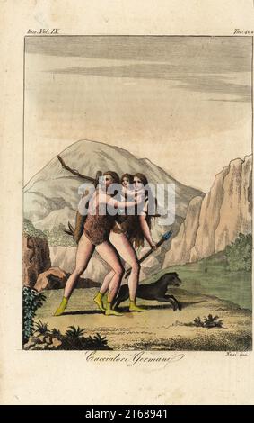 Ancienne famille germanique de chasseurs. Ils portent les cheveux longs, ont des tuniques en peau d'animal et des chaussures. Il porte un lièvre sur un bâton, et elle a plusieurs flèches. Cacciatori Germani. Gravure sur cuivre colorée à la main par Nasi de Giulio Ferrarios costumes ancien et moderne des peuples du monde, il Costume Antico e Moderno, Florence, 1837. Banque D'Images