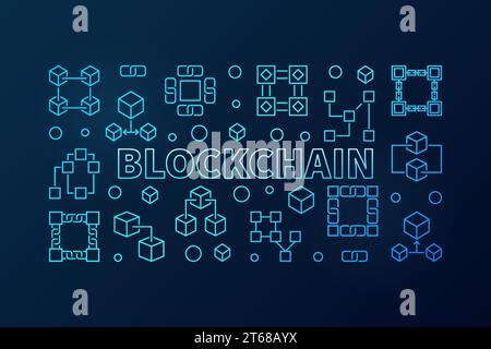 Illustration vectorielle bleue blockchain ou bannière dans un style de ligne mince sur fond sombre Illustration de Vecteur