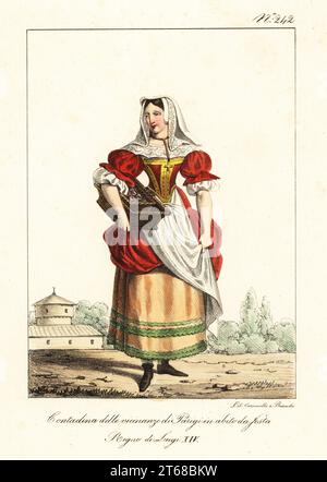 Paysan parisien en vêtements de festival, 17e siècle. En voile de dentelle, robe écarlate avec corsage doré, dentelle tucker, tablier, jupons brodés, bootlets, avec panier. Paysanne des environs de Paris, en habit de Fête. Régne de Louis XIV Lithographie coloriée à la main de Lorenzo Bianchi et Domenico Cuciniello d'après Hippolyte Lecomte de Costumi civili e militari della monarchia francese dal 1200 al 1820, Naples, 1825. Édition italienne des costumes civils et militaires Lecomtes de la monarchie française de 1200 à 1820. Banque D'Images