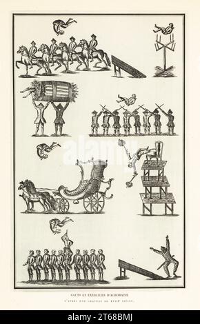 Dépliant publicitaire d'une troupe d'acrobates, 18e siècle. Les cascades comprennent des gobelets somersaulting sur des chevaux, des épées, des flammes, et des entraîneurs, en voûtant hors des tremplins, etc Un arlequin tombe d'un tremplin, un homme tire des pistolets en sautant d'une tour de meubles. Sauts et exercices d'acrobatie. Après une gravure du XVIIIe siècle. Lithographie de Henry Rene dAllemagnes Recreations et passe-temps, Jeux et passe-temps, Hachette, Paris, 1906. Banque D'Images