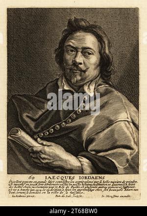 Portrait de Jacques Jordaens, peintre flamand, dessinateur de tapisseries connu pour ses peintures d'histoire, scènes de genre et portraits, 1593-1678. Iaecques Iordaens. Gravure sur cuivre de Pieter de Jode le Jeune d'après une peinture de Jacques Jordaens publiée dans Johannes Meyssens image de divers hommes d'esprit sublime, Anvers, 1649. Banque D'Images