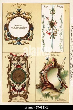 Éléments décoratifs des époques de Louis XIII, Louis XIV, le Roi Soleil et Louis XVI Cartouche d'Abraham bosse, panneau d'une porte du château de Versailles, tableau de Jacques de la joue. Leuvre de bosse, panneau de porte du palais de Versailles, oeuvre de la joue. Chromolithographie conçue et lithographiée par Ernst Guillot dans Elements d'Ornementation du XVIIe, et XVIIIe siècle, Eléments d'ornement du 17e et 18e siècle, Renouard, Paris, 1890. Banque D'Images