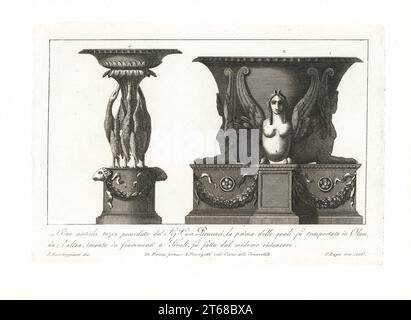 Deux anciennes coupes romaines ou tazza appartenant à l'artiste Giovanni Battista Piranesi. L'un avec des oies et des têtes de bélier transportés à Olan, l'autre avec des sphinx trouvés dans des fragments de Tivoli et restaurés. Gravure de coperplate par Pietro Ruga après une illustration par Lorenzo Rocceggiani de ses 100 plaques de costumes religieux, civil et militaire des anciens Egyptiens, Etrusques, Grecs et Romains, Franzetti, Rome, 1802. Banque D'Images