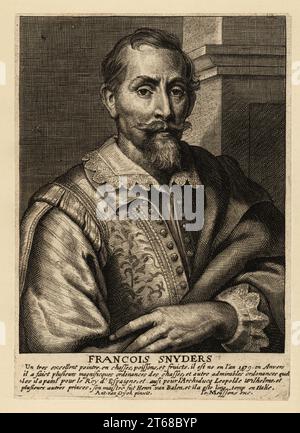 Portrait de Frans Snyders, peintre flamand des animaux, scènes de chasse, scènes de marché et encore des vies, 1579-1657. François Snyders. Gravure sur plaque après un portrait d'Anthony van Dyck du cabinet Het Gulden de Cornelis de Bie, The Golden Cabinet, publié par Johannes Meyssens, XVIIIe siècle. Banque D'Images