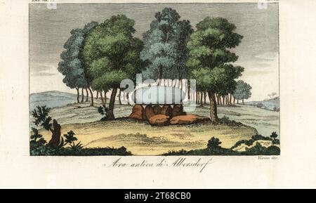 Ancienne structure mégalithe en pierre près d'Albersdorf, Allemagne. ARA antica di Albersdorf. Gravure sur cuivre coloriée à la main par Verico de Giulio Ferrarios costumes ancien et moderne des peuples du monde, il Costume Antico e Moderno, Florence, 1837. Banque D'Images