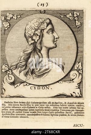 Le roi Cydon de Crète, fils d'Hermès ou Apollon et d'Akakallis, fille du roi Minos. Selon Pausanias, fils du roi Tegeates. Fondateur de Kydonia ou Cydonia, Crète. Avec des feuilles de vigne de Bacchus dans ses cheveux. Cydon. Gravure sur cuivre de Pieter Bodart (1676-1712) de Henricus Spoors Deorum et Heroum, Virorum et Mulierum Illustrium imagine Antiquae Illustatae, Gods and Heroes, Men and Women, Illustrated with Antique Images, Petrum, Amsterdam, 1715. Publié pour la première fois sous le titre Favissæ utriusque antiquitatis tam Græcæ quam Romanæ en 1707. Henricus Spoor était un médecin néerlandais, érudit classique Banque D'Images