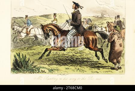 Gentleman anglais avec moustaches dans tam Oshanter cap chevauchant un cheval sur son chemin à un pique-nique dans le pays. Une voiture avec des dames derrière lui, et un paysan en blouson au premier plan. M. John Bunting en route pour le pic-nic. Gravure sur acier colorée à la main d'après une illustration de John Leech de Robert Smith Surtees Plain or Ringlets?, Bradbury et Evans London, 1860. Leech (1817-1864) était un caricaturiste et illustrateur anglais connu pour son travail pour le magazine Punch. Banque D'Images