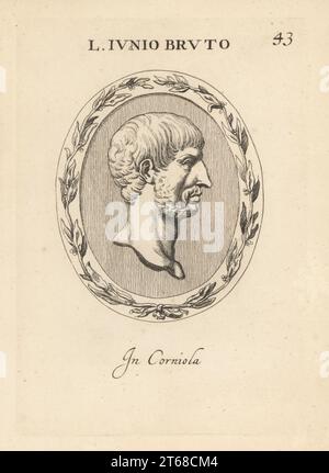 Buste de Lucius Junius Brutus (fl. 6th Century BC), premier consul semi-légendaire et fondateur de la République romaine. En carnélien. Lucio Iunio Bruto. À corniola. Gravure de coperplate par Giovanni Battista Galestuzzi d'après Leonardo Agostini de gemmae et Sculpturae Antiquae Depitti ab Leonardo Augustino Senesi, Abraham Blooteling, Amsterdam, 1685. Banque D'Images