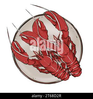 Homards rouges sur une assiette dans le style croquis. Illustration dessinée à la main, isolée sur fond blanc. Élément graphique pour le menu d'un restaurant de fruits de mer Banque D'Images