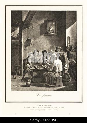 Hommes jouant le jeu du trictrac, 17e siècle. Un homme lance les dés pendant que d'autres regardent le tableau, fument des pipes de tabac. D'après un tableau de David Teniers. Le jeu du tric-trac. Lithographie de Henry Rene dAllemagnes Recreations et passe-temps, Jeux et passe-temps, Hachette, Paris, 1906. Banque D'Images