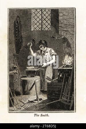 Forgeron martelant du métal sur une enclume dans un smithy. Outils, dont un maillet et des pinces devant la forge de la brique, et produits en fer forgé et rambardes sur le sol. Gravure en blocs de bois du Livre des métiers d'anglais, ou Bibliothèque des arts utiles, F.C.& J. Rivington, Londres, 1821. Banque D'Images