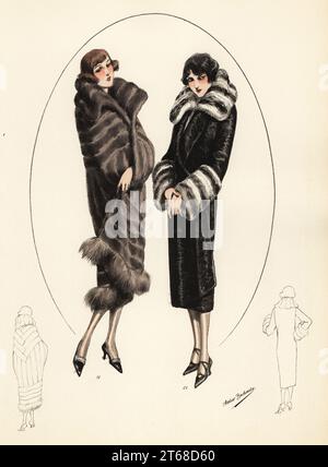 Femmes à la mode avec coupes courtes en bob et manteaux de fourrure de luxe. Cap imitation chinchilla, cap en chinchillette 19. Pelage de bébé-agneau avec col et poignets chinchilla, manteau de breitschwanz 20. Lithographie de couleur main de modèles originaux de Fourrures, modèles originaux en fourrure, n° 17, atelier Bachwitz, Vienne, 1926. Banque D'Images