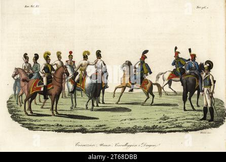 Cuirassiers, hussards et dragons ou cavalerie lourde de l'armée impériale (allemande ou du Saint-Empire romain germanique), 19e siècle. Corrazzieri, Ussari, Cavalleggieri e Dragoni. Gravure sur cuivre coloriée à la main par Antonio Verico de Giulio Ferrarios costumes ancien et moderne des peuples du monde, il Costume Antico e Moderno, Florence, 1844. Banque D'Images