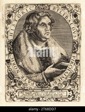 Willibald Pirckheimer, avocat de la Renaissance allemande, auteur et humaniste, 1470-1530. Bilibaldus Pirchaimerus Pater Noricus Historicus. Gravure sur cuivre de Johann Theodore de Bry de Jean-Jacques Boissards Bibliotheca Chalcographica, Johann Ammonius, Francfort, 1650. Banque D'Images