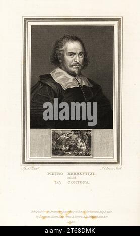 Portrait de Pietro da Cortona, peintre et architecte baroque italien, 1596-1669. Pietro Berrettini appelé Da Cortona. Le médaillon montre Hagar et l'Ange. Gravure en acier par John Corner après un autoportrait par da Cortona de Portraits de peintres célèbres avec des médaillons de leurs meilleures performances, Longman Hurst, Rees, Orme & Brown, Londres, 1825. Banque D'Images