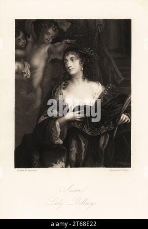 Susan Armine, Lady Bellasys, veuve de Sir Henry Bellasys, maîtresse du duc d'York, l'une des beautés de Windsor, décédée en 1713. Elle est représentée comme St. Catherine avec sa main gauche avec une feuille de palmier martyrs sur une roue, tandis que deux chérubins la couronnent de myrte. Alias Elinor, Lady Byron. Gravure sur acier de Thomas Wright d'après un portrait de Joacob Huysman de Mme Anna Jamesons mémoires des beautés de la Cour du roi Charles II, Henry Coburn, Londres, 1838. Banque D'Images