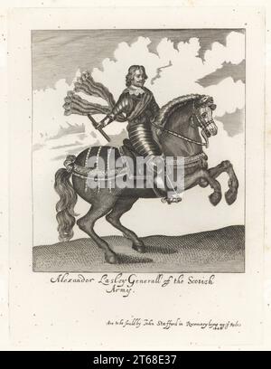Alexander Leslie, 1e comte de Leven, général écossais pour la cause parlementaire, c.1580-1661. Le roi Charles Ier se rendit à Newark-on-Trenet en 1646. En barbe van Dyke, collier en dentelle, costume d'armure de plaque, ceinture, monté sur un cheval, tenant une matraque. Alexander Lasley, général de l'armée écossaise. De la curieuse estampe équestre de Clarendon d'Earl Spencer, vendue par John Stafford, Rosemary Layne. Gravure sur cuivre de Samuel Woodburns Gallery of rare Portraits consistant en plaques originales, George Jones, 102 St Martins Lane, Londres, 1816. Banque D'Images