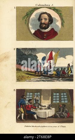 Portrait de Christophe Colomb en 1, Columbuss débarquant pour la première fois à San Salvador (Bahamas) en 2, et Columbus dînant avec un chef Taino ou Cacique sur Hispaniola en 3. Gravure sur cuivre colorée à la main de scènes du révérend Isaac Taylors en Amérique, pour le divertissement et l'instruction de petits voyageurs Tarry-at-Home, John Harris, Londres, 1821. Banque D'Images