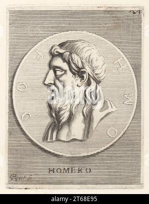 Homère, poète grec crédité comme l'auteur de l'Iliade et de l'Odyssée, 8e siècle av. J.-C.. Buste du poète avec barbe et bande de cheveux d'une pièce grecque en bronze corinthien. Homero. Gravure sur cuivre d'Etienne Picart d'après Giovanni Angelo Canini de Iconografia, cioe disegni d'imagini de famosissimi monarchi, regi, filososi, poeti ed oratori dell' Antichita, dessins d'images de monarques célèbres, rois, philosophes, poètes et orateurs de l'Antiquité, Ignatio deLazari, Rome, 1699. Banque D'Images