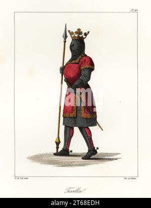 Tassilo III (c.741796), duc de Bavière de 748 à 788, dernier de la maison des Agilolfings. Dans la couronne au-dessus de la barre, avec lance et épée, armure de chaymail, tunique, greaves et spires. Tassillon. Lithographie colorée à la main par le méchant d'après une illustration d'Horace de Viel-Castel de sa Collection des costumes, armes et meubles pour servir à l'histoire de la France (Collection de costumes, armes et meubles à utiliser dans l'histoire de la France), Teuttel & Wurtz, Bossange, 1827. Banque D'Images