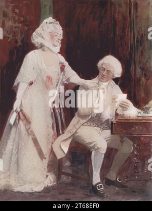 Winifred Emery et Cyril Maude dans The School for scandal, comédie de Richard Sheridan, Vaudeville Theatre, 1890.sca Cyril Maude, acteur anglais Manager, 1862-1951. Se produisant avec sa femme Maud Isabel Emery, actrice anglaise et comédienne Manager, 1861-1924. Photographie de Window and Grove (Frederick Richard Window et William Henry Grove). Impression couleur d'une illustration coloriée à la main d'après une photographie monochrome de George Newness Players of the Day, Londres, 1905. Banque D'Images