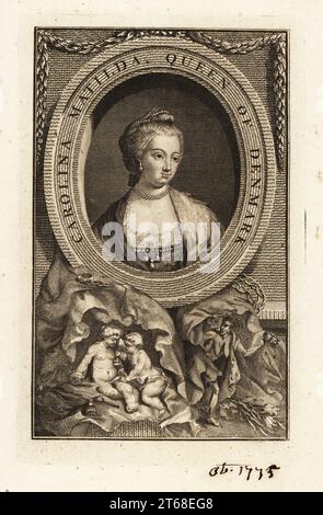 Carolina Matilda, sœur du roi George III, princesse de Grande-Bretagne, reine du Danemark et de Norvège, 1751-1775. Marié à l'âge de 15 ans au roi Christian VII du Danemark et de la Norvège. Cadre ovale, bordé de festons, de draperies, de putti et de vieux hag. Gravure sur plaque de coperplate par un artiste inconnu, inversion du portrait de Francis cotes, publié à Londres, vers 1780-1800. Banque D'Images