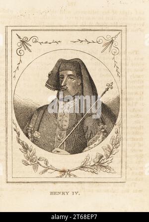 Portrait du roi Henri IV d'Angleterre, 1367-1413. Coiffé d'un chapeau orné de bijoux, manteau doublé d'hermine, tenant un sceptre. Gravure sur cuivre de M. A. Jones Histoire de l'Angleterre de Jules César à George IV, G. Virtue, 26 Ivy Lane, Londres, 1836. Banque D'Images