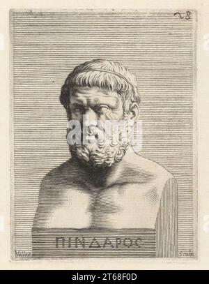 Pindar, c.518-438 av. J.-C., ancien poète lyrique grec de Thèbes. L'un des neuf poètes lyriques canoniques de la Grèce antique. Buste en marbre de l'homme barbu avec bande de cheveux. Pindaro. Gravure sur cuivre de Guillaume Vallet d'après Giovanni Angelo Canini de Iconografia, cioe disegni d'imagini de famosissimi monarchi, regi, filososi, poeti ed oratori dell' Antichita, dessins d'images de monarques célèbres, rois, philosophes, poètes et orateurs de l'Antiquité, Ignatio deLazari, Rome, 1699. Banque D'Images