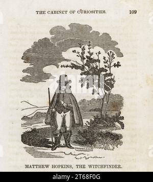 Matthew Hopkins, le sorcfinder (c. 1620-1647). Célèbre chasseur de sorcières dont la carrière a prospéré pendant la guerre civile anglaise. Auteur de la découverte des sorcières. Coupe de bois du Cabinet des curiosités, ou Wonders of the World displayed, Henry Piercy, New York, 1836. Banque D'Images