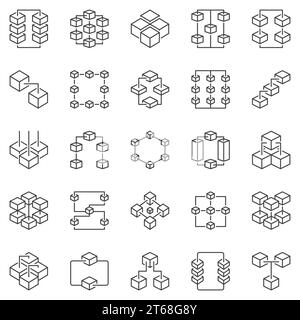 Blockchain Technology concept outline icons Set - Vector Block-Chain Cryptocurrency symboles linéaires abstraits. Signes de réseau de la chaîne de blocs décentralisée c Illustration de Vecteur